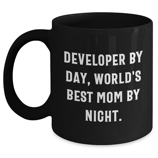 Developer Gifts from Mom - 'Developer By Day, World's Best Mom By Night.' Funny Quote Black Coffee Mug for Graduation - Main