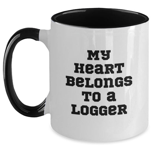 Funny Logger Gifts - My Heart Belongs To A Logger Two Tone Coffee Mug, Logger Enthusiast Graduation Gifts from Friends, Unique Gifts for Logger Men - Main