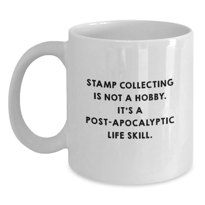Funny Stamp Collecting Gifts for Men, White Coffee Mug, 'It's A Post-apocalyptic Life Skill.' Graduation Unique Gifts from Friends - Main