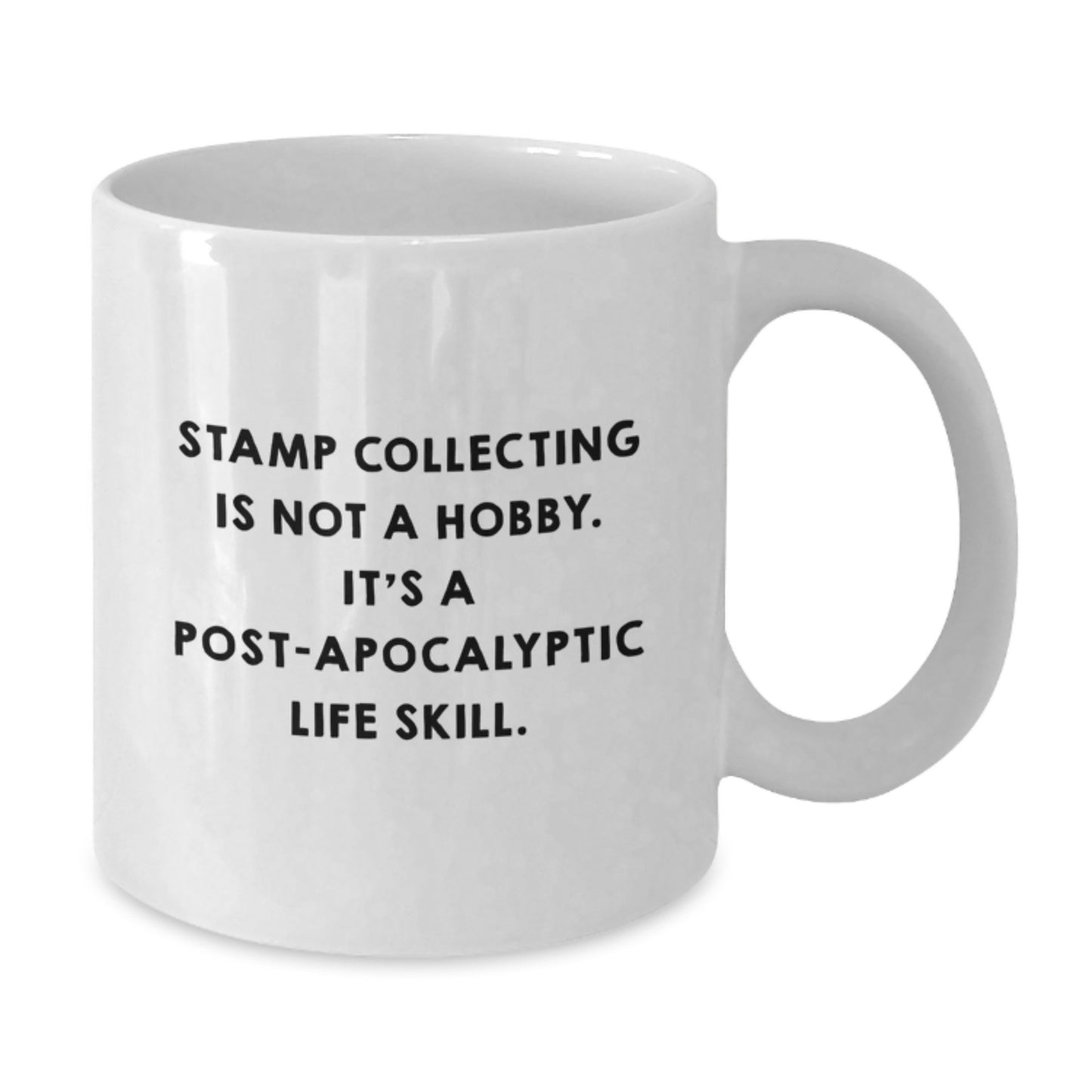 Funny Stamp Collecting Gifts for Men, White Coffee Mug, 'It's A Post-apocalyptic Life Skill.' Graduation Unique Gifts from Friends - Additional