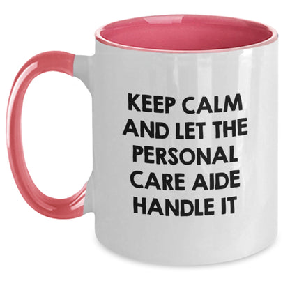 Funny Personal Care Aide Gifts from Friends for Men and Women - Keep Calm Let Handle It Two Tone Coffee Mug, Christmas Unique Presents - Main