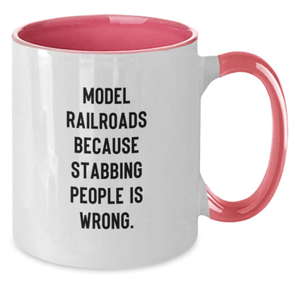 Funny Model Railroads Gifts from Men to Friends - Two Tone Coffee Mug with 'Model Railroads Because Stabbing People Is Wrong.' - Additional