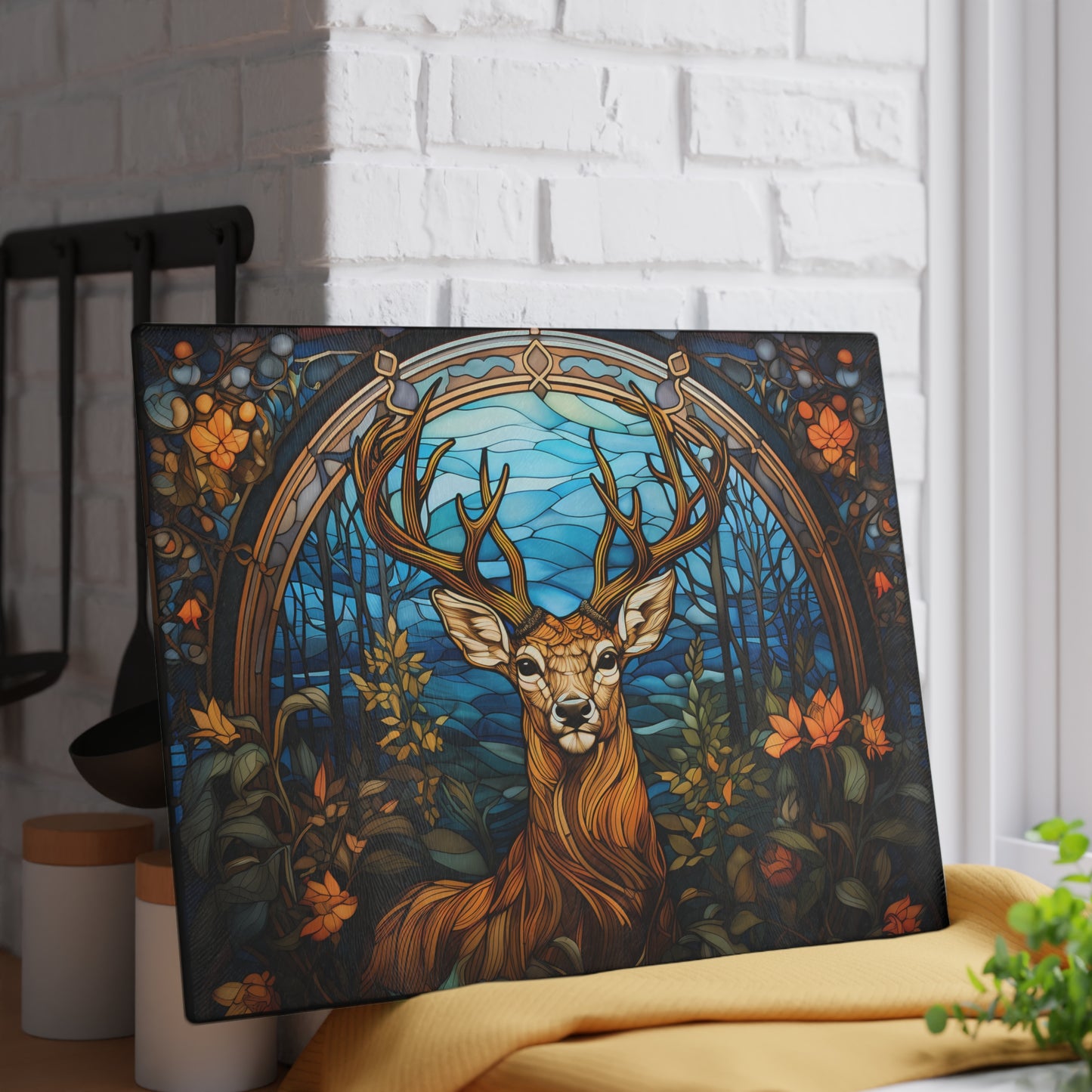 Glass Cutting Board - Stained Glass Stag Design