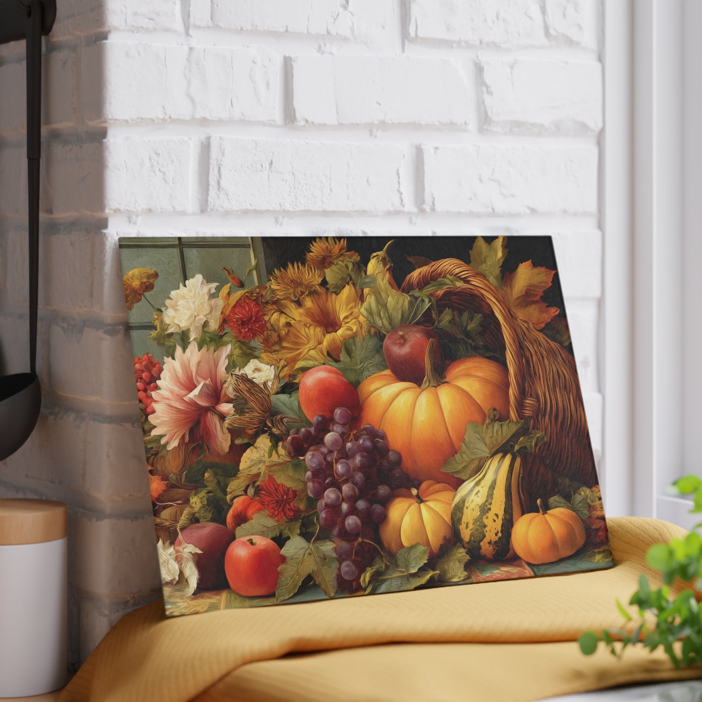 Autumn Harvest Glass Cutting Board — Cornucopia Pumpkins & Fall Fruit Kitchen Decor