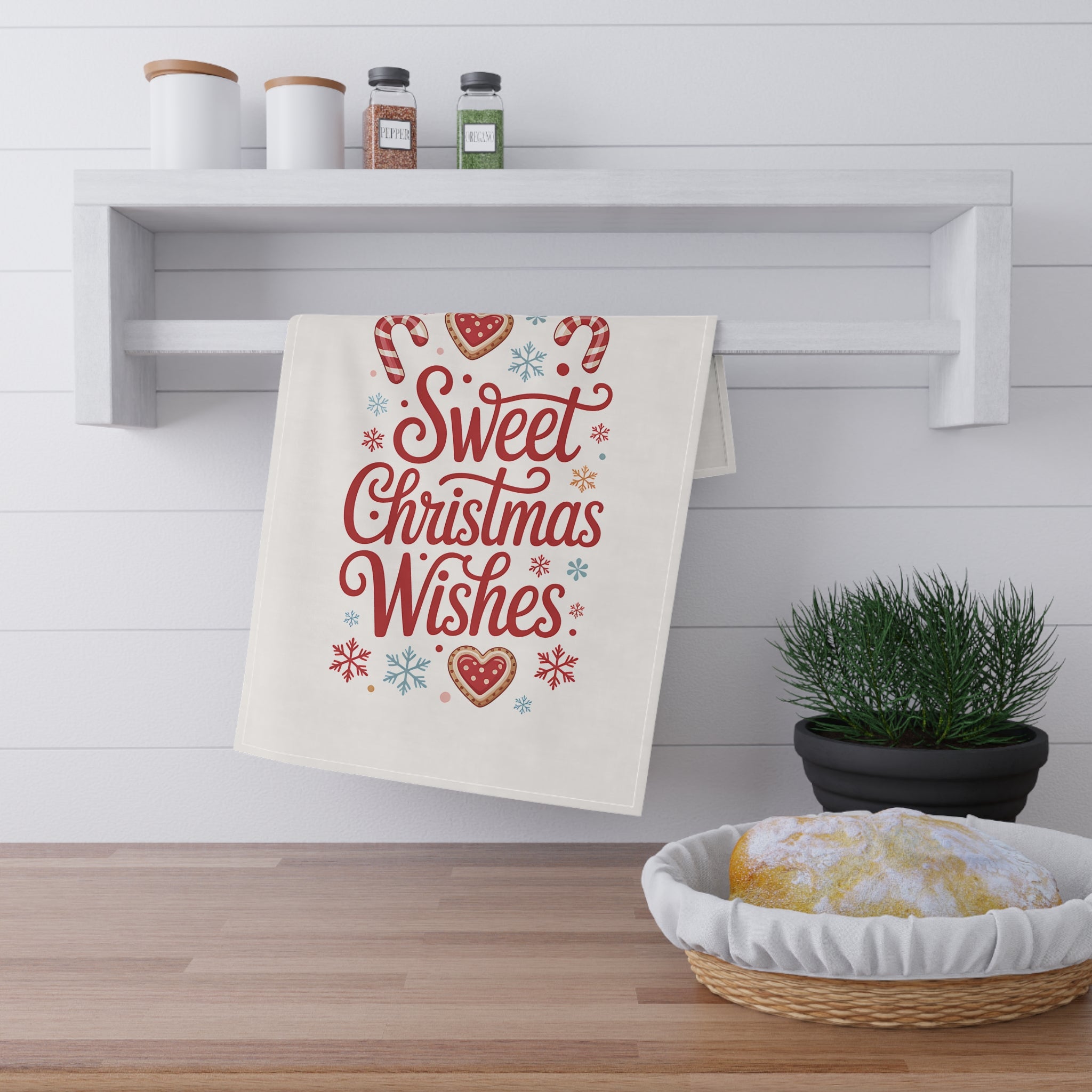Sweet Christmas Wishes Tea Towel — Festive Holiday Kitchen Towel with Candy Cane & Cookie Design