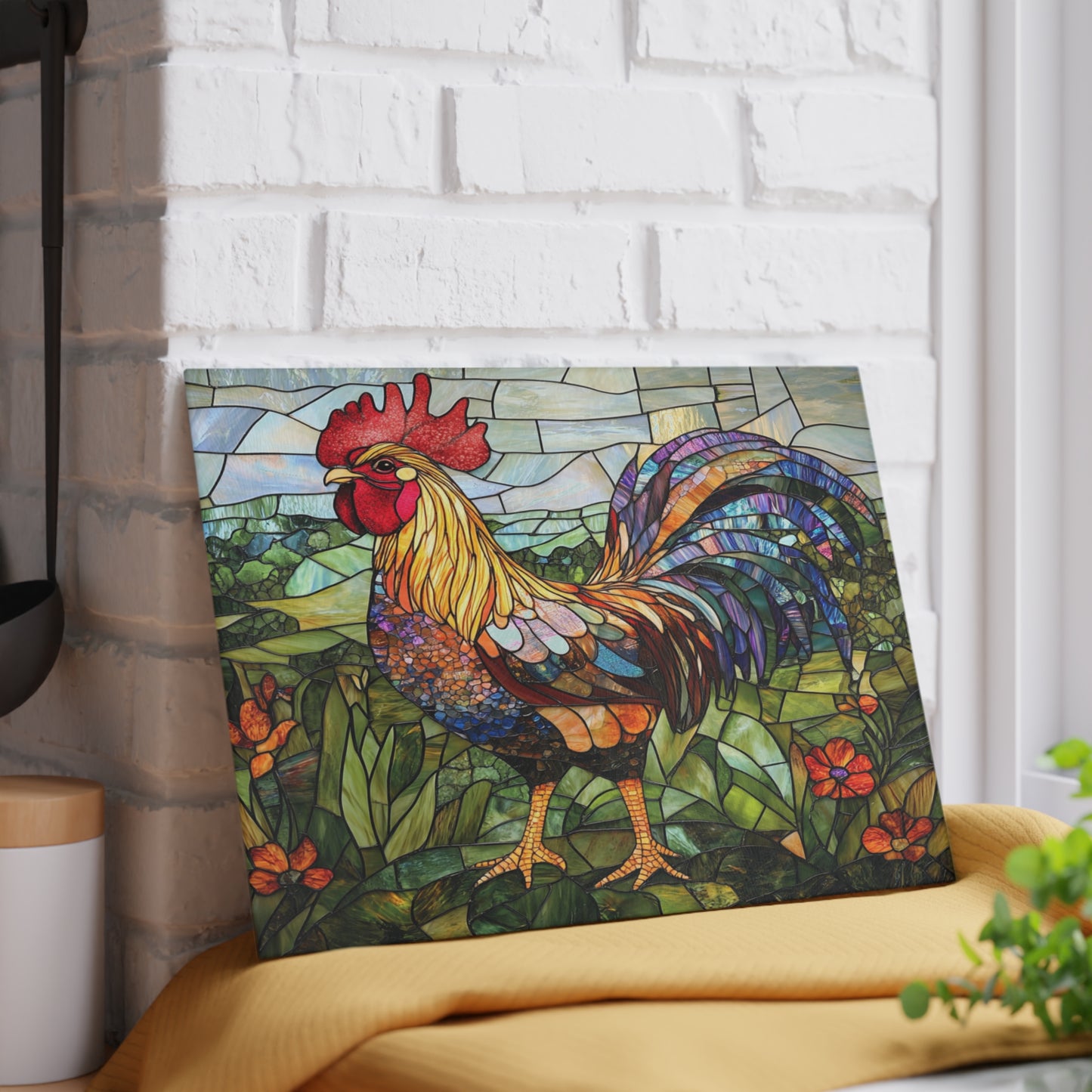 Rooster Mosaic Glass Cutting Board – Colorful Stained-Glass Kitchen Decor