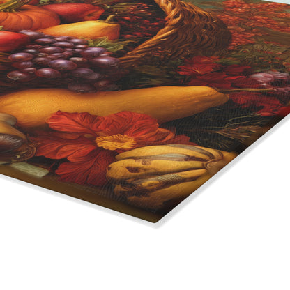 Autumn Harvest Glass Cutting Board — Pumpkin & Fruit Still Life Kitchen Décor