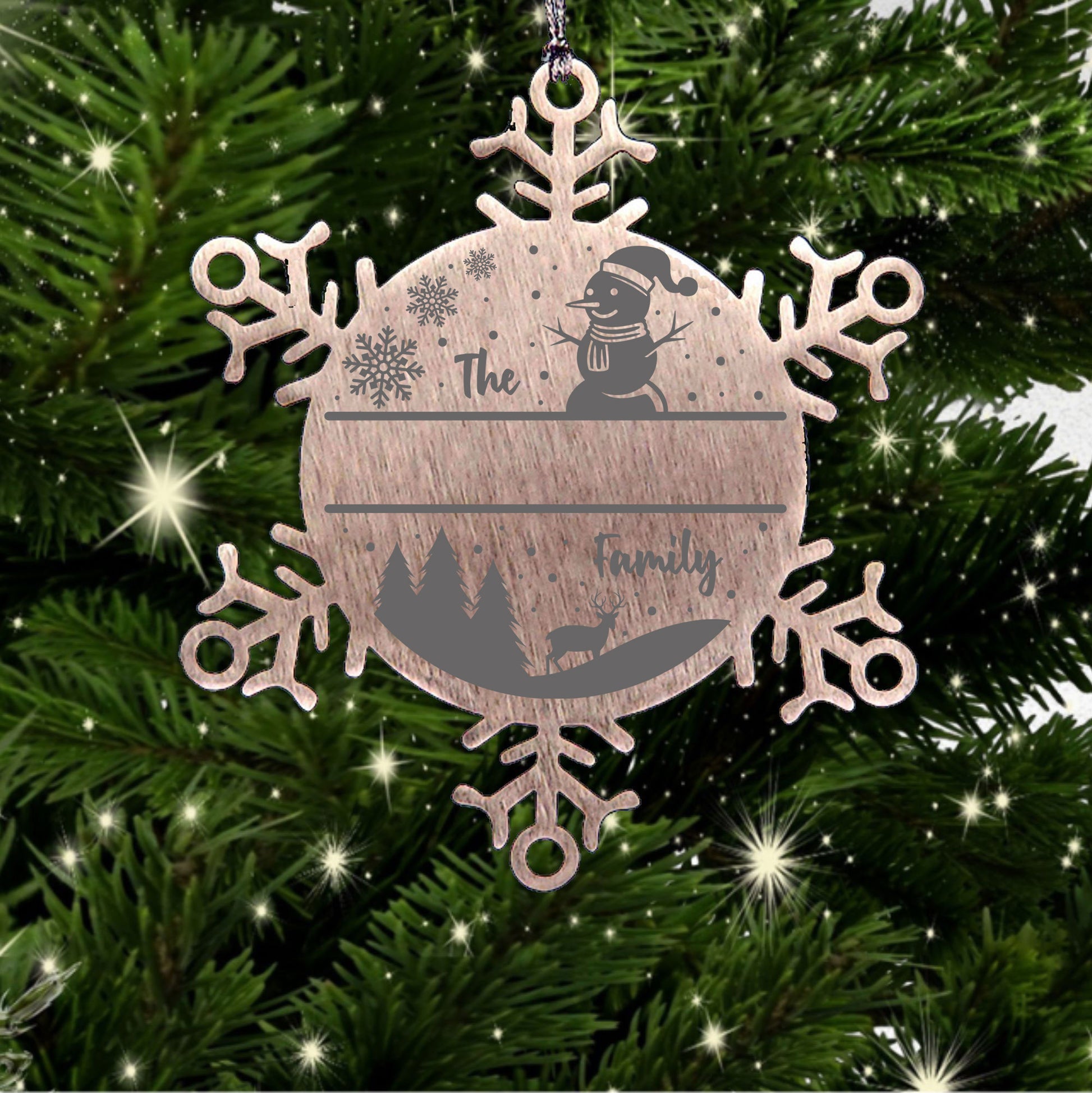 Personalized Snowman Snowflake Christmas Tree Ornament Family Name Laser Engraved Stainless Steel - Mallard Moon