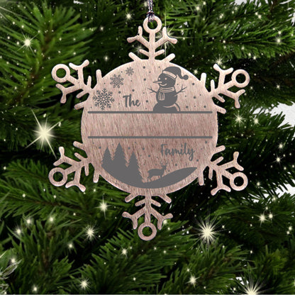 Personalized Snowman Snowflake Christmas Tree Ornament Family Name Laser Engraved Stainless Steel - Mallard Moon