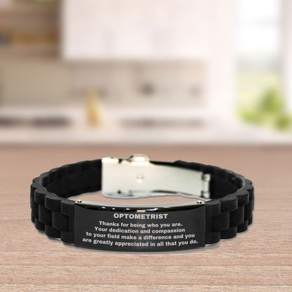 Optometrist Glidelock Bracelet – Engraved Black Stainless Steel and Silicone Wristband Gift for Optometrists – Appreciation Gift for Him or Her - Mallard Moon Gift Shop