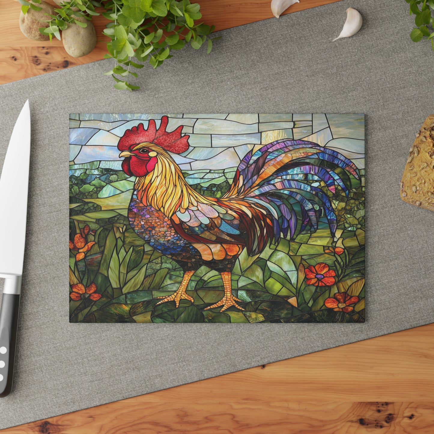 Rooster Mosaic Glass Cutting Board – Colorful Stained-Glass Kitchen Decor