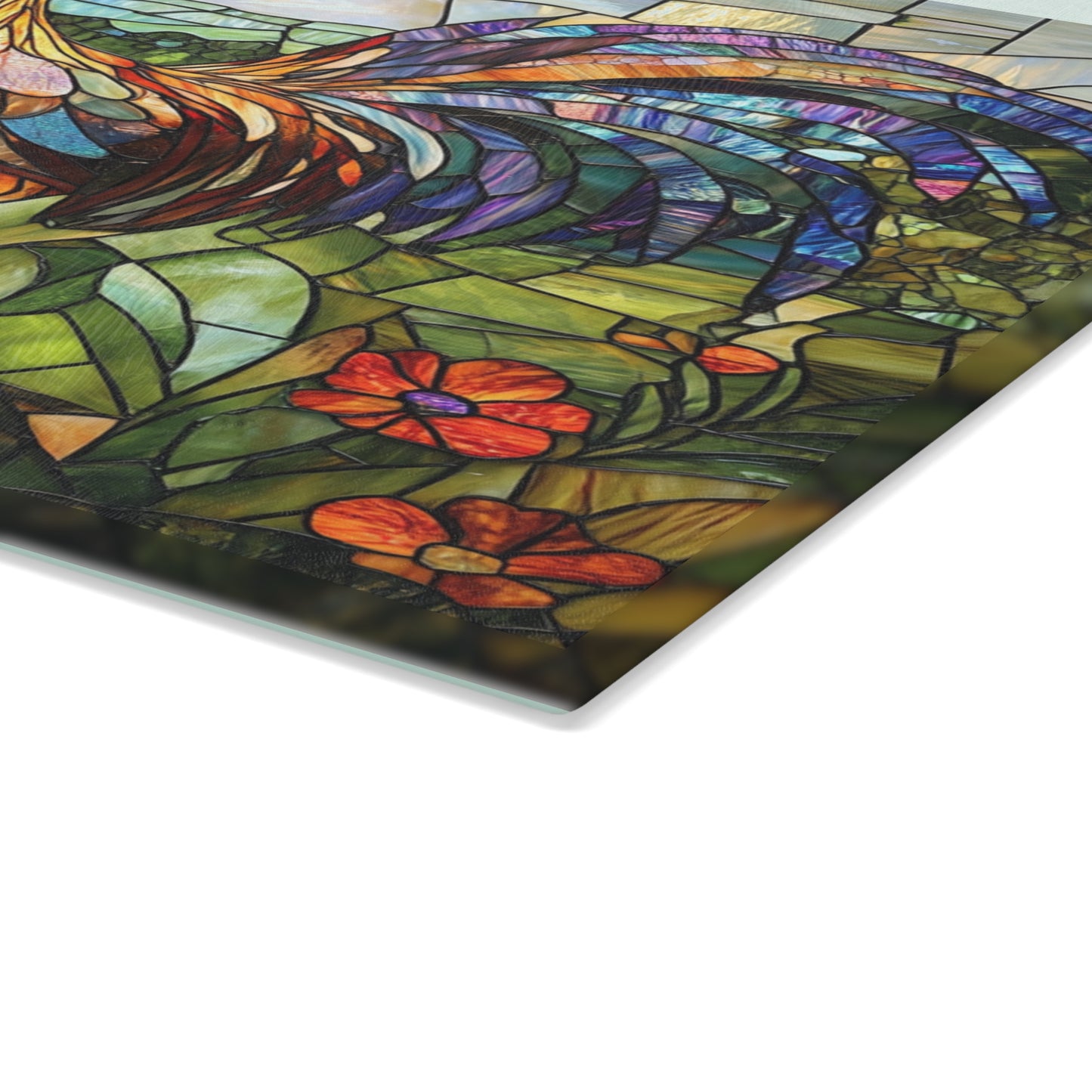Rooster Mosaic Glass Cutting Board – Colorful Stained-Glass Kitchen Decor