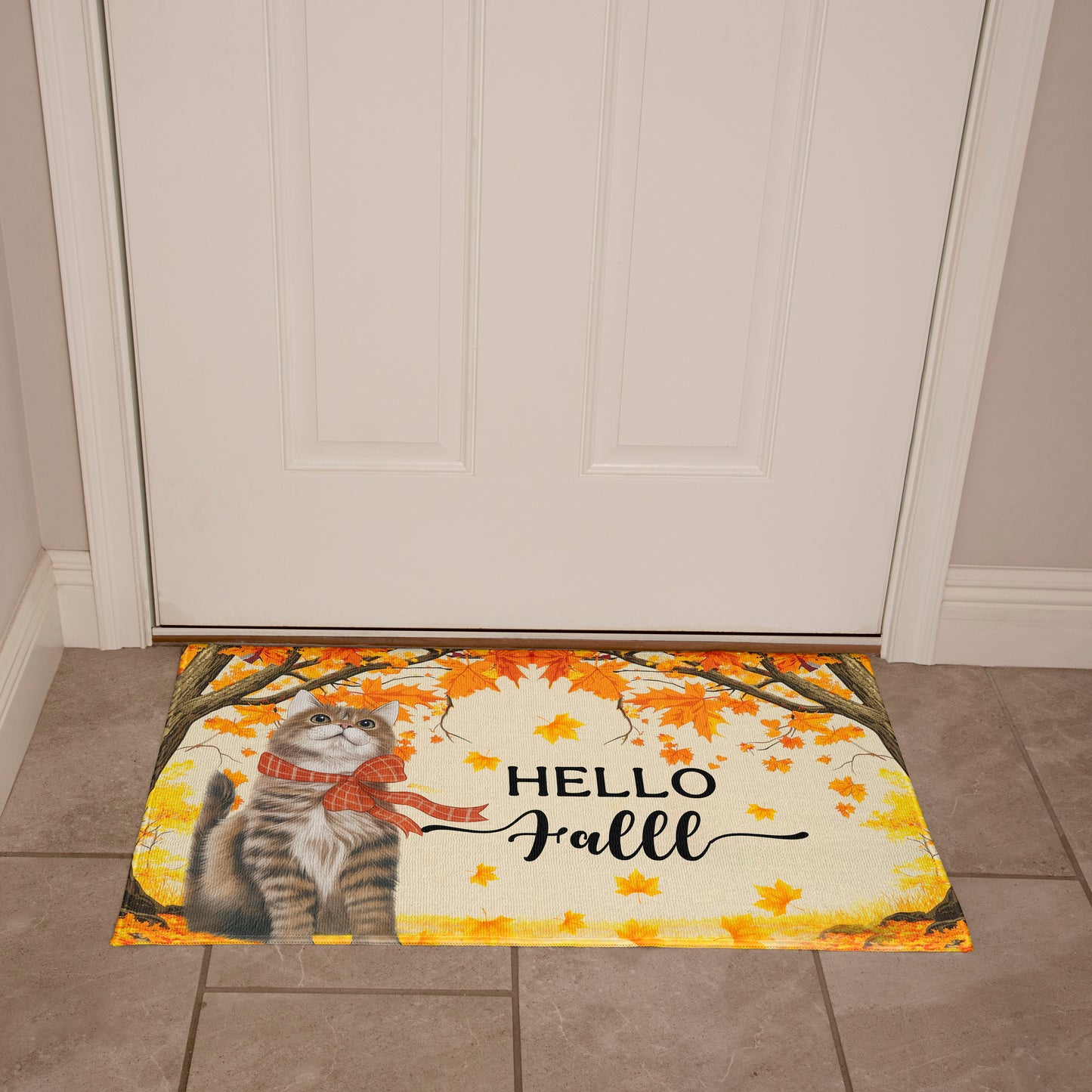 Hello Fall Cat Doormat – Fall Welcome Mat with Interchangeable Cat Designs, Autumn Leaves & Cozy Seasonal Décor for Cat Lovers and Fall Homes