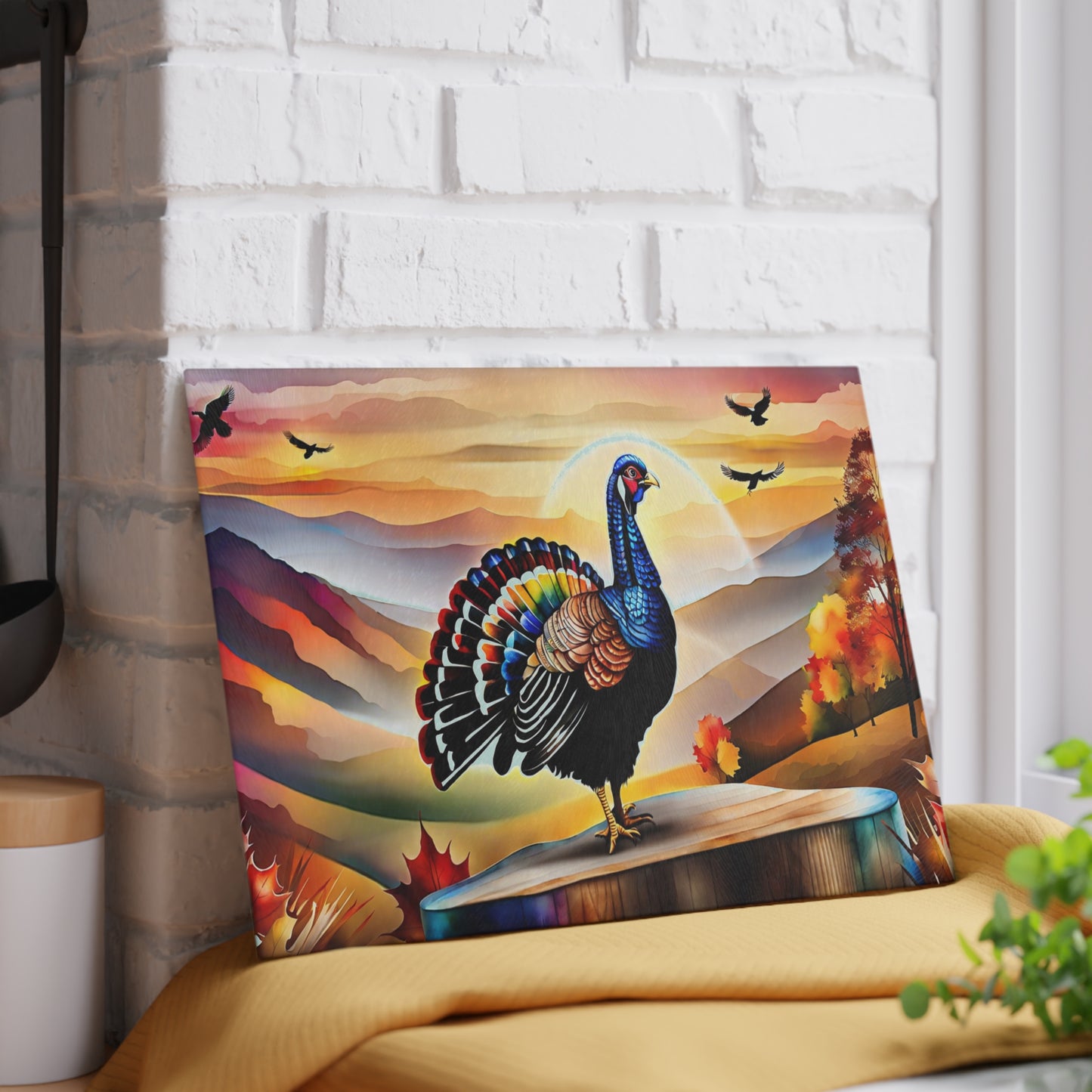 Glass Cutting Board — Colorful Turkey Sunset Kitchen Cutting Board, Autumn Farmhouse Décor