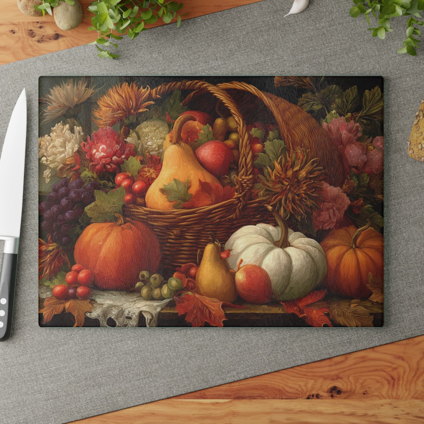 Autumn Harvest Glass Cutting Board — Thanksgiving Cornucopia Kitchen Decor