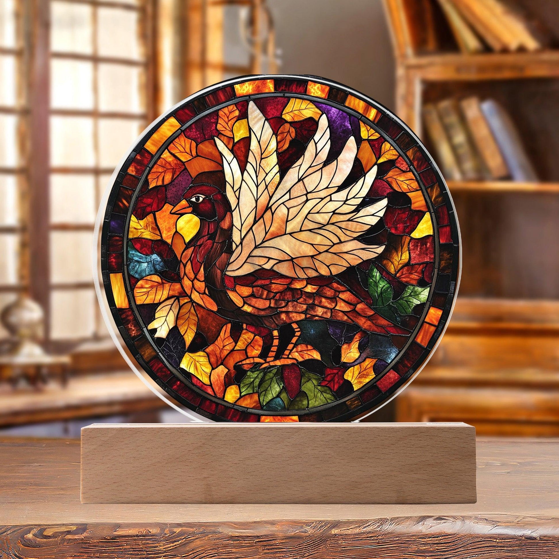 Turkey Stained-glass Round Acrylic Plaque - LED Lighted Wooden Base - Mallard Moon Gift Shop