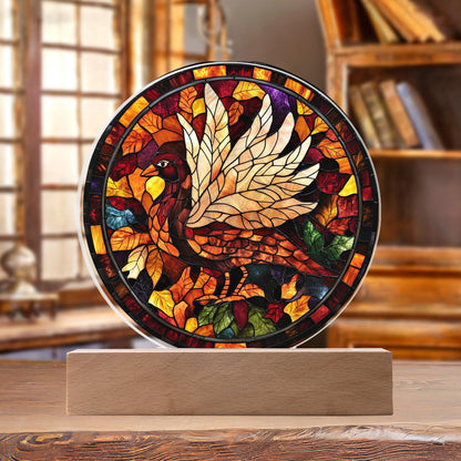 Turkey Stained-glass Round Acrylic Plaque - LED Lighted Wooden Base - Mallard Moon Gift Shop