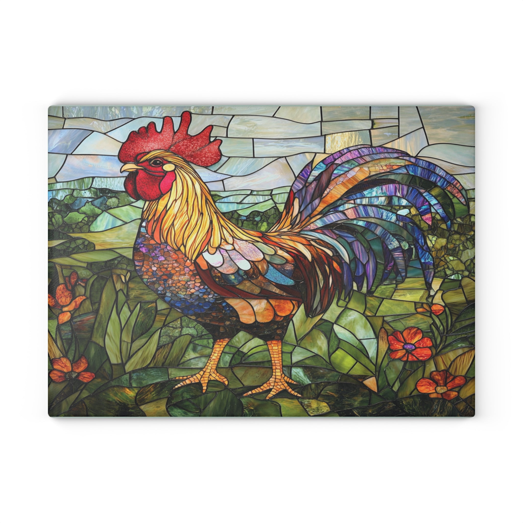 Rooster Mosaic Glass Cutting Board – Colorful Stained-Glass Kitchen Decor