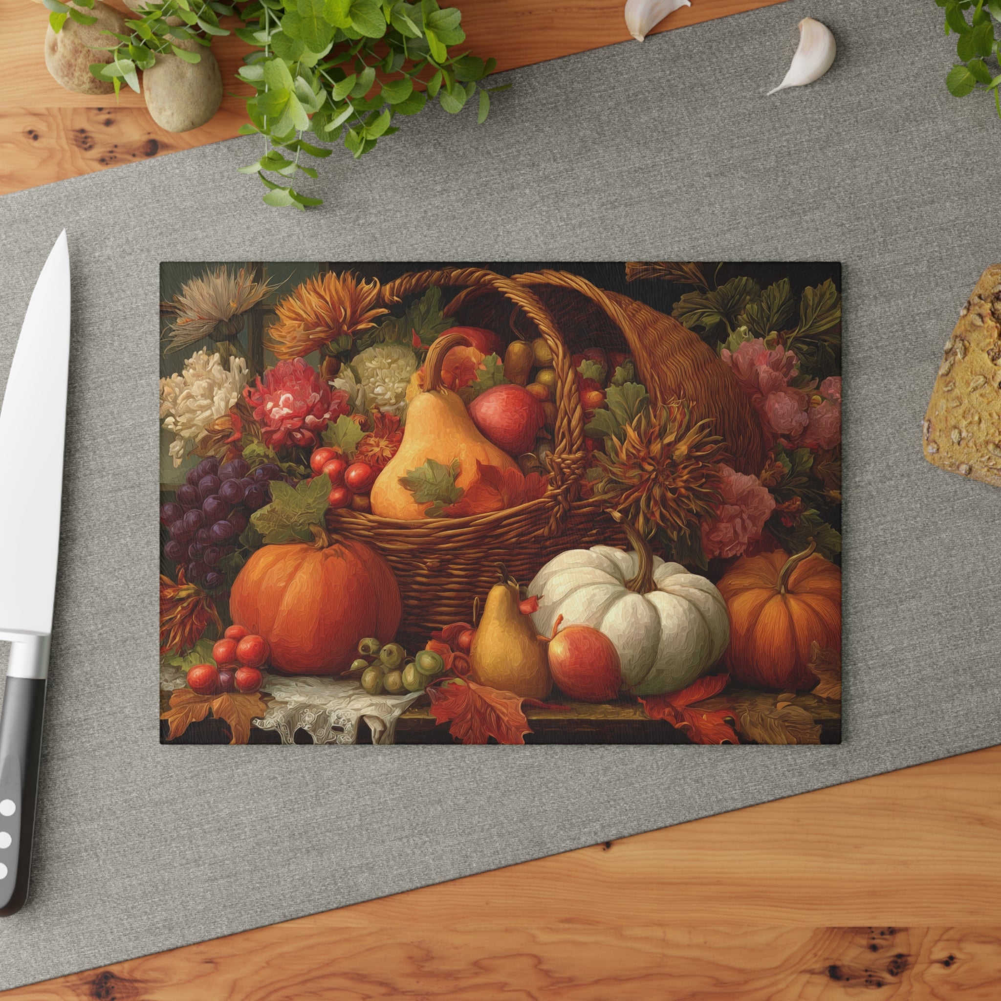 Autumn Harvest Glass Cutting Board — Thanksgiving Cornucopia Kitchen Decor