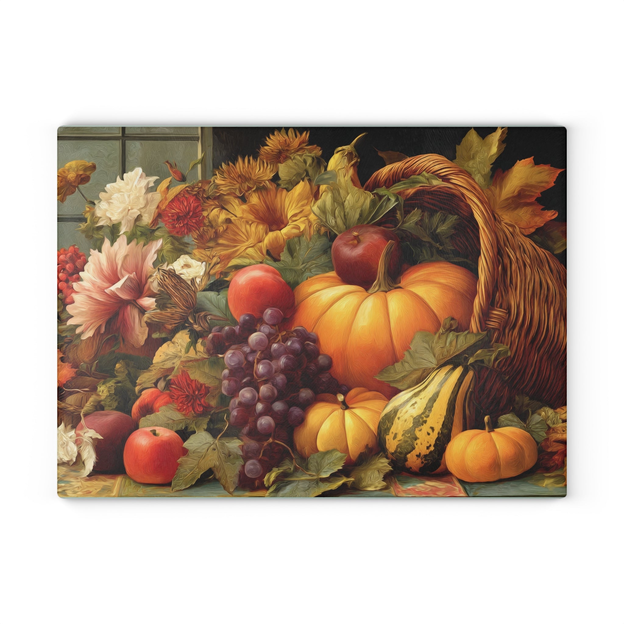 Autumn Harvest Glass Cutting Board — Cornucopia Pumpkins & Fall Fruit Kitchen Decor