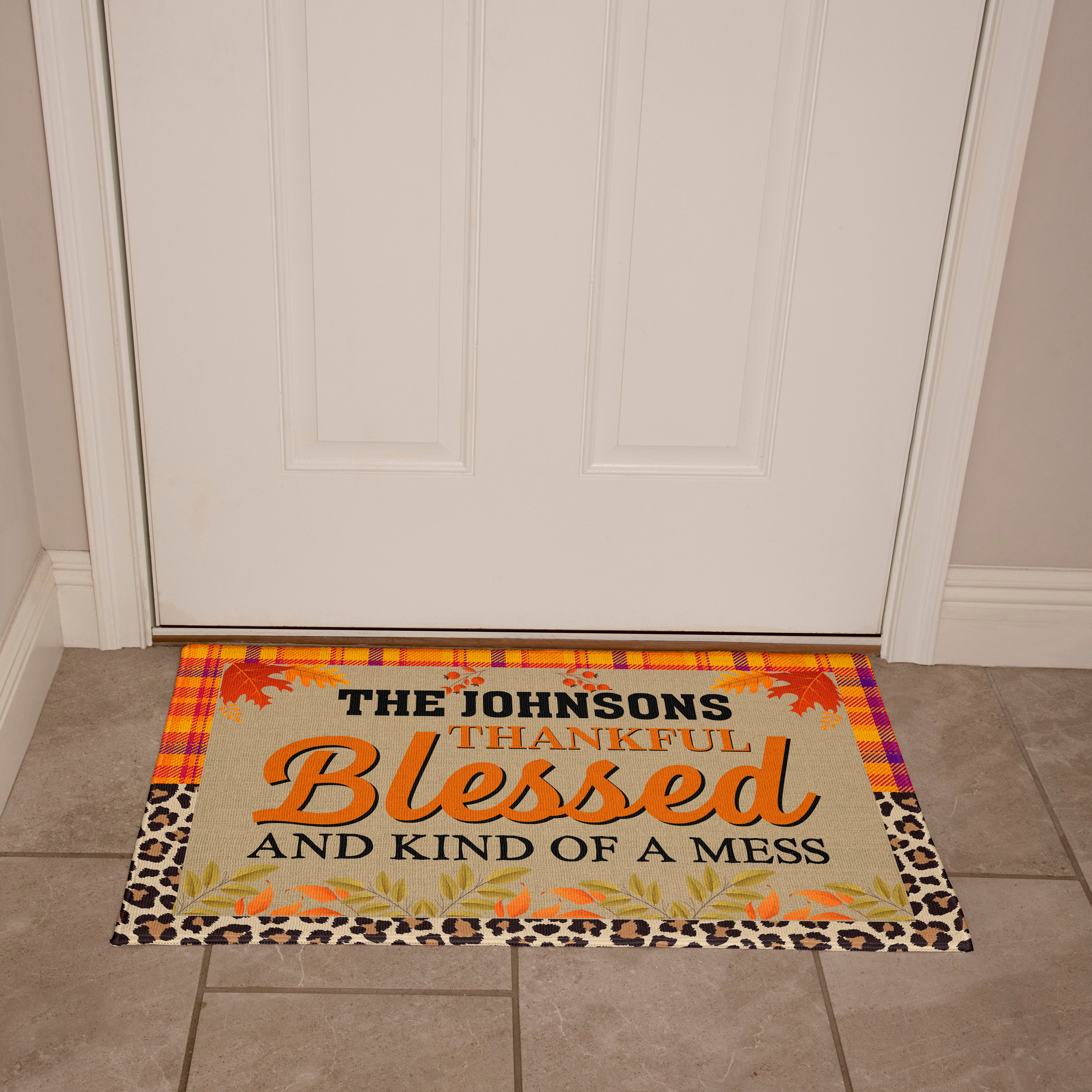 Personalized Thanksgiving Doormat – “Thankful, Blessed, and Kind of a Mess” Custom Family Name Fall Welcome Mat with Plaid and Leopard Print Design