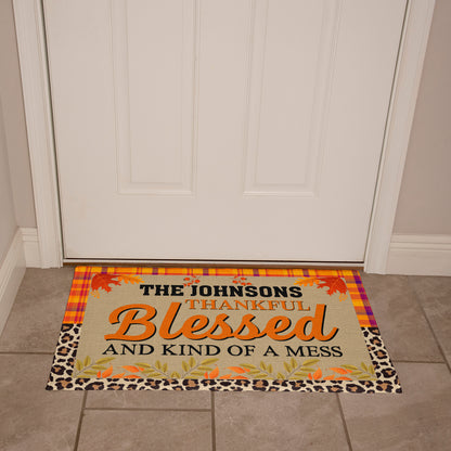 Personalized Thanksgiving Doormat – “Thankful, Blessed, and Kind of a Mess” Custom Family Name Fall Welcome Mat with Plaid and Leopard Print Design
