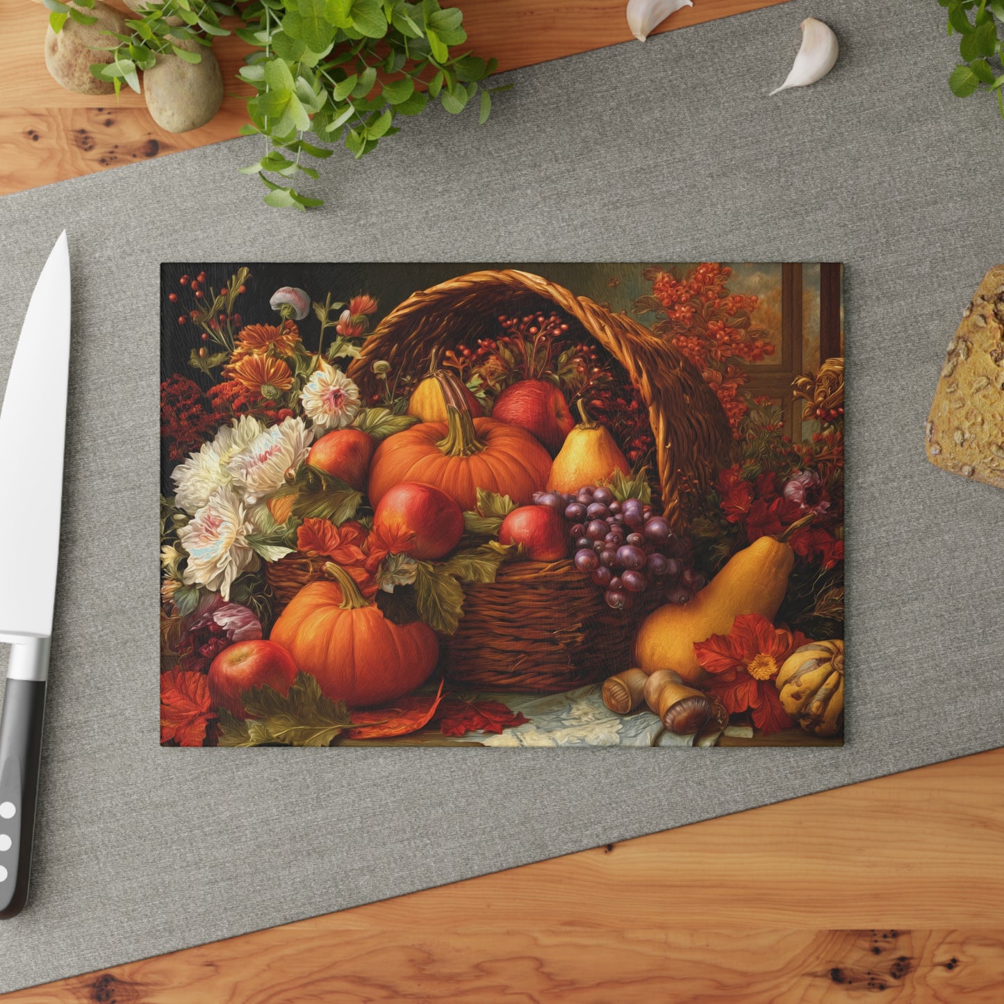 Autumn Harvest Glass Cutting Board — Pumpkin & Fruit Still Life Kitchen Décor