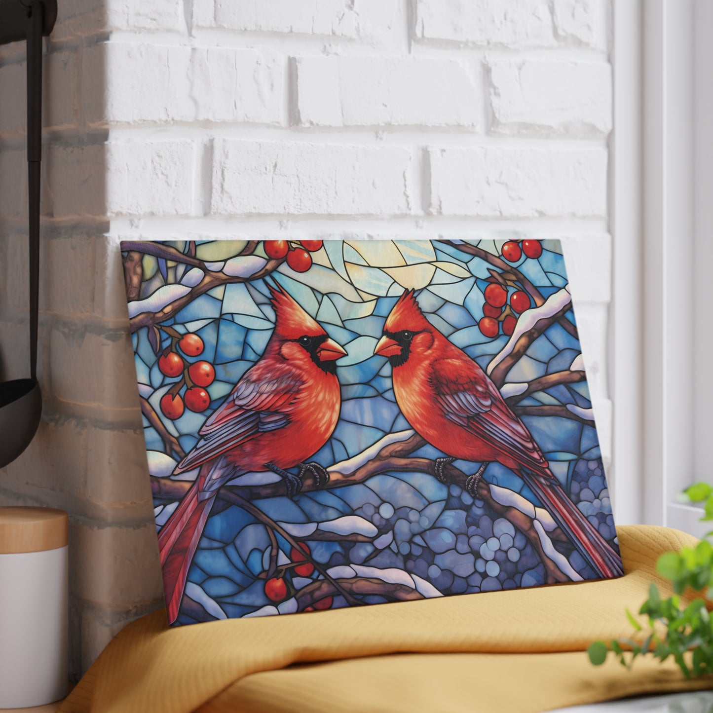 Cardinal Stained-Glass Glass Cutting Board — Decorative Holiday Kitchen Trivet