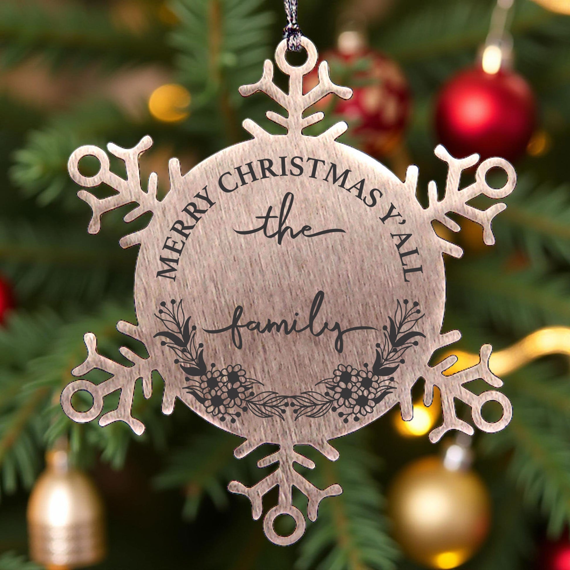 Personalized Merry Christmas Y'all Stainless Steel Laser Engraved Snowflake Tree Ornament - Mallard Moon