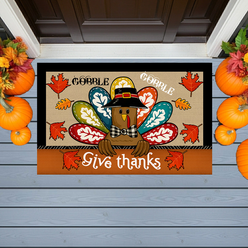 Colorful Turkey Thanksgiving Doormat – “Give Thanks” Fall Welcome Mat with Gobble Design, Autumn Leaves & Farmhouse Plaid Accent for Porch or Entryway Décor