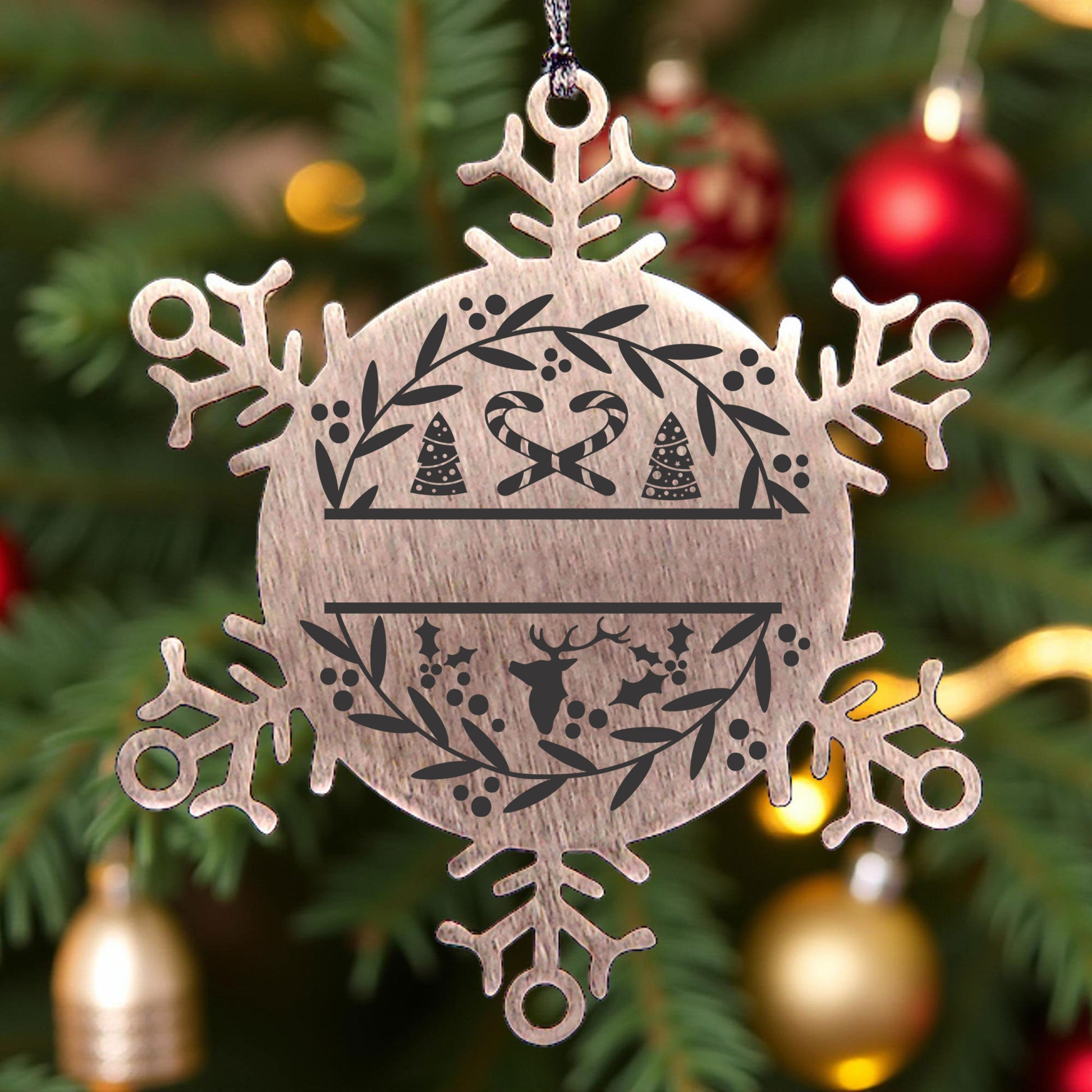 Personalized Family Name Laser Engraved Stainless Steel Snowflake Tree Ornament Candy Canes - Mallard Moon