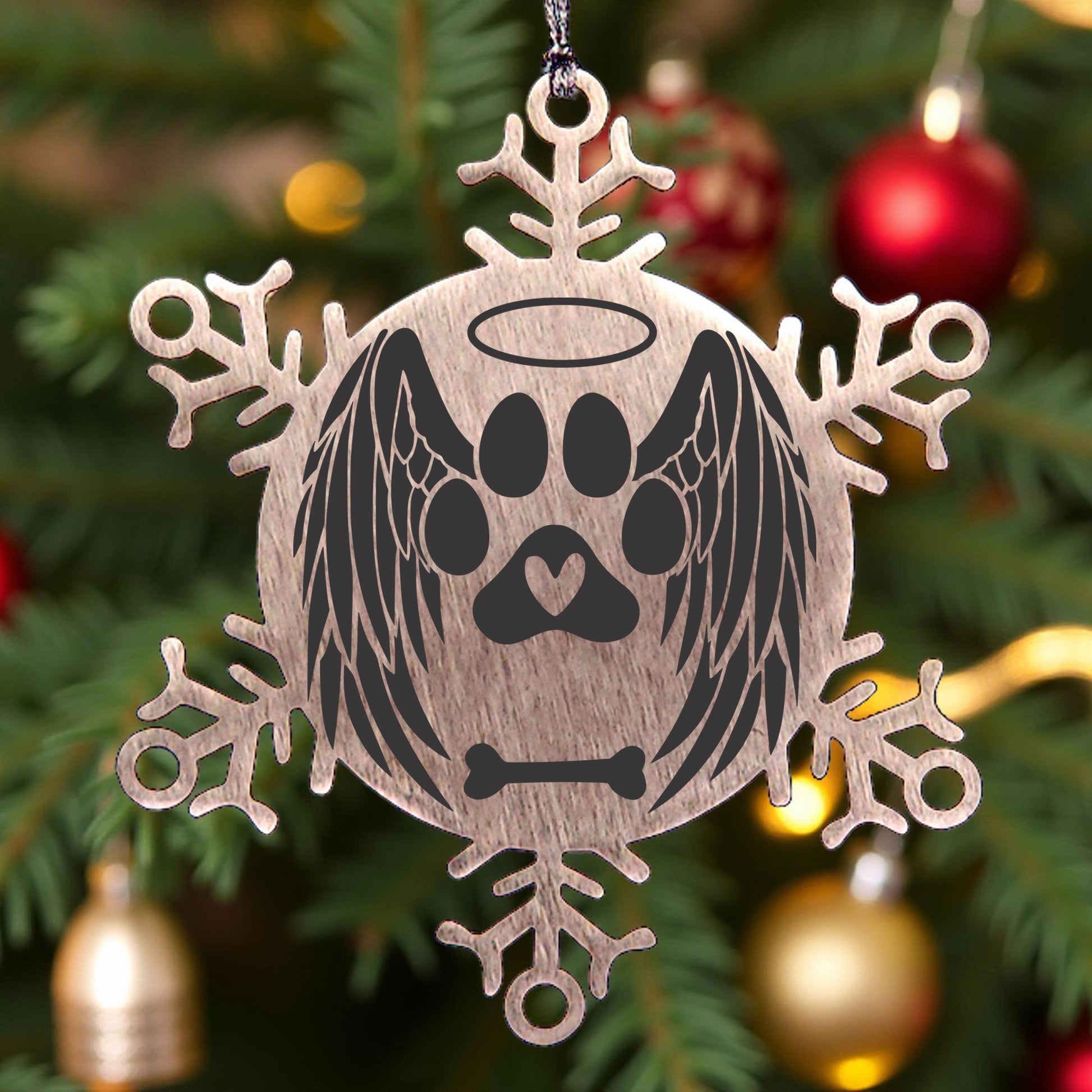 Personalized Pet Name Angel Remembrance Laser Engraved Stainless Steel Snowflake Tree Ornament - Mallard Moon