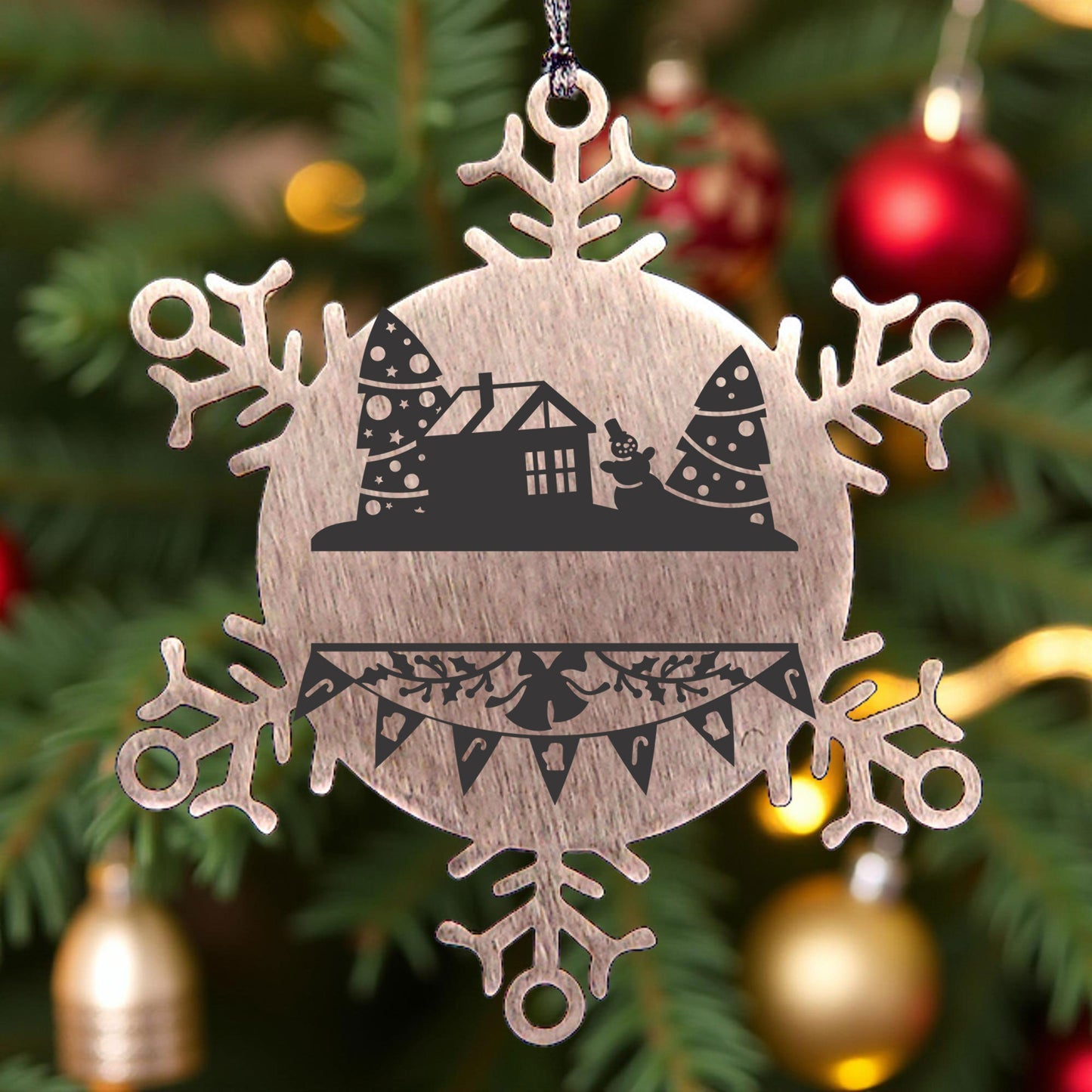 Personalized Family Name Laser Engraved Stainless Steel Snowflake Tree Ornament - Home for the Holidays - Mallard Moon