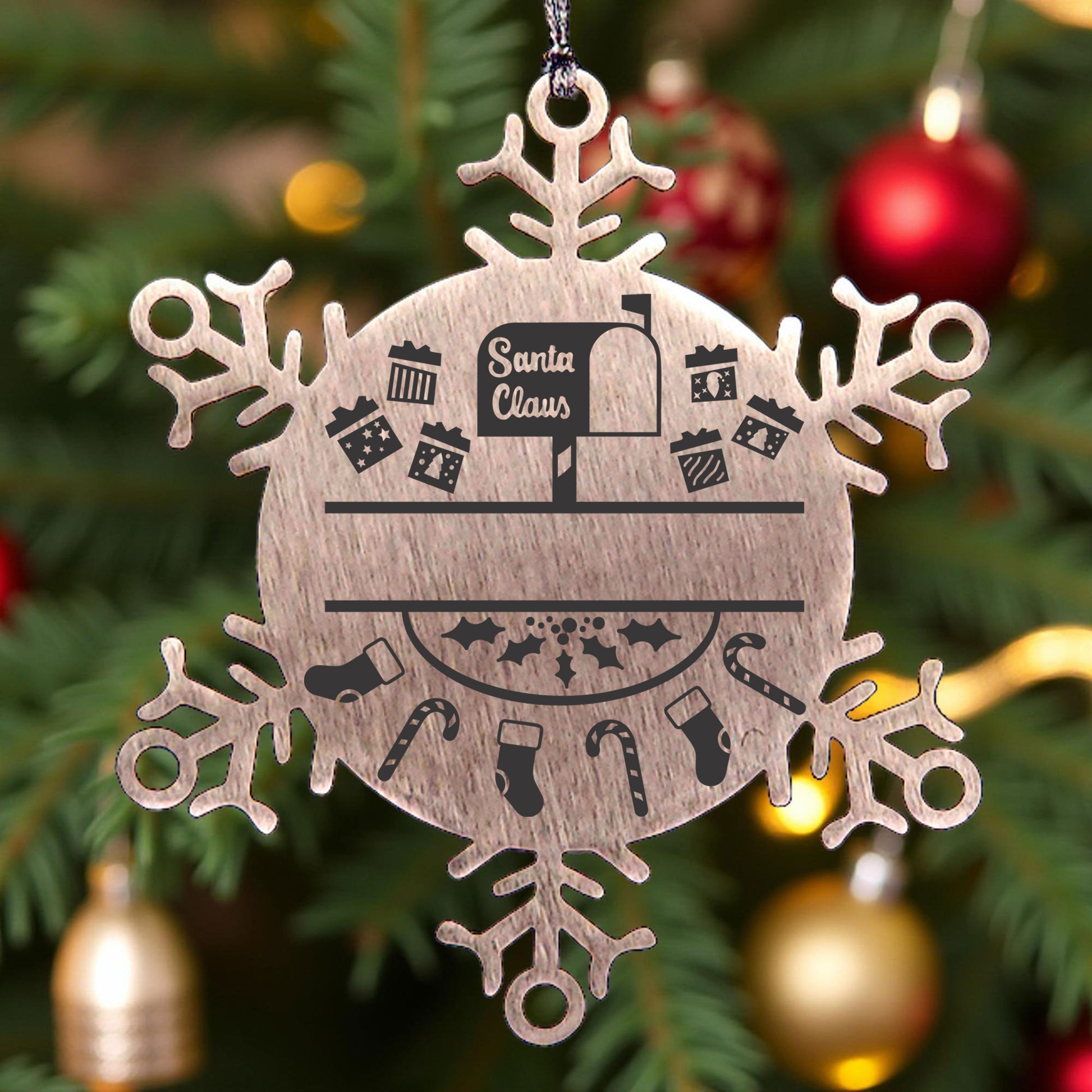 Personalized Family Name Laser Engraved Stainless Steel Snowflake Tree Ornament Santa's Mail - Mallard Moon