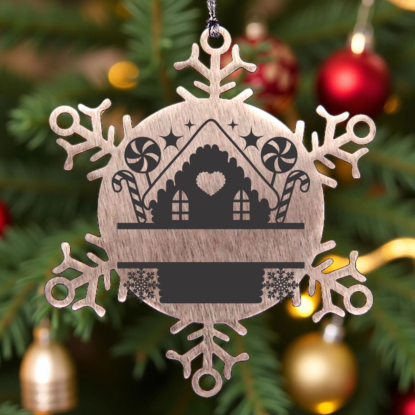 Personalized Snowflake Tree Ornament Family Name Laser Engraved Stainless Steel Gingerbread House - Mallard Moon