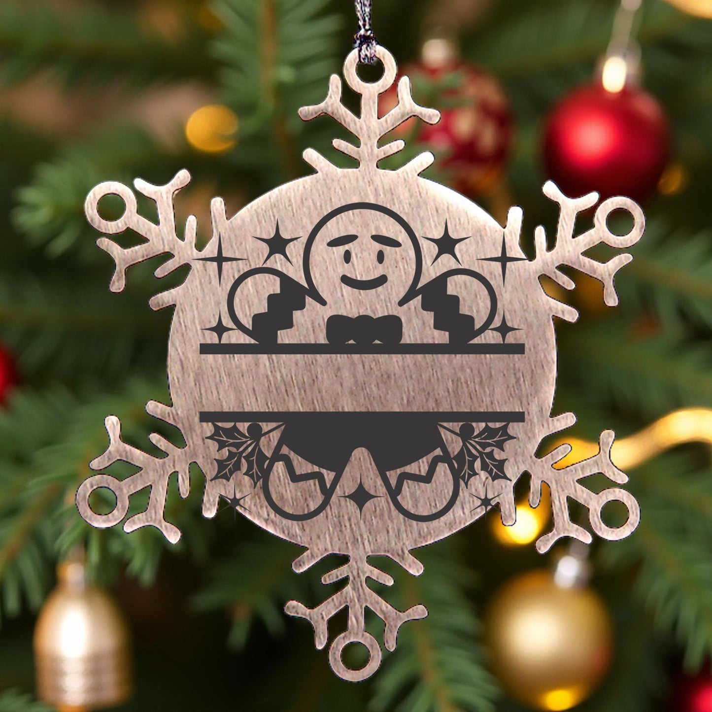 Personalized Gingerbread Man Snowflake Wreath Tree Ornament Family Name Laser Engraved Stainless Steel - Mallard Moon