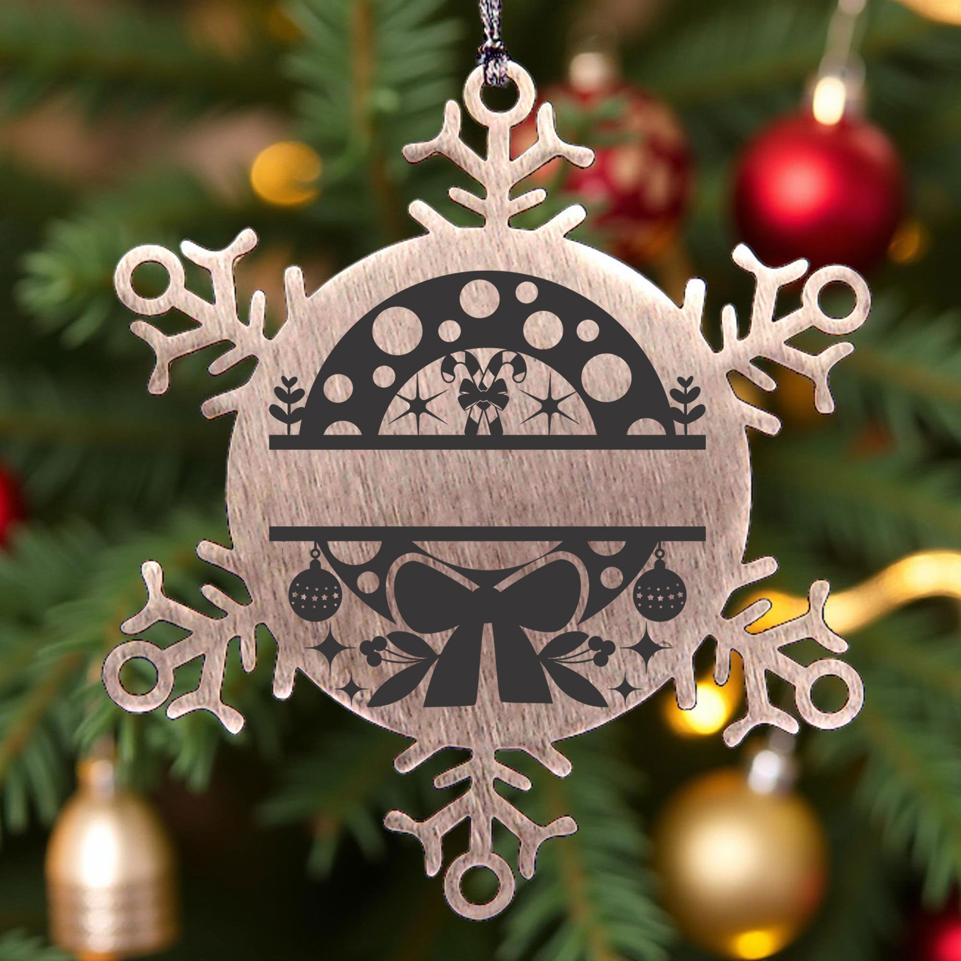 Personalized Snowflake Wreath Tree Ornament Family Name Laser Engraved Stainless Steel - Mallard Moon