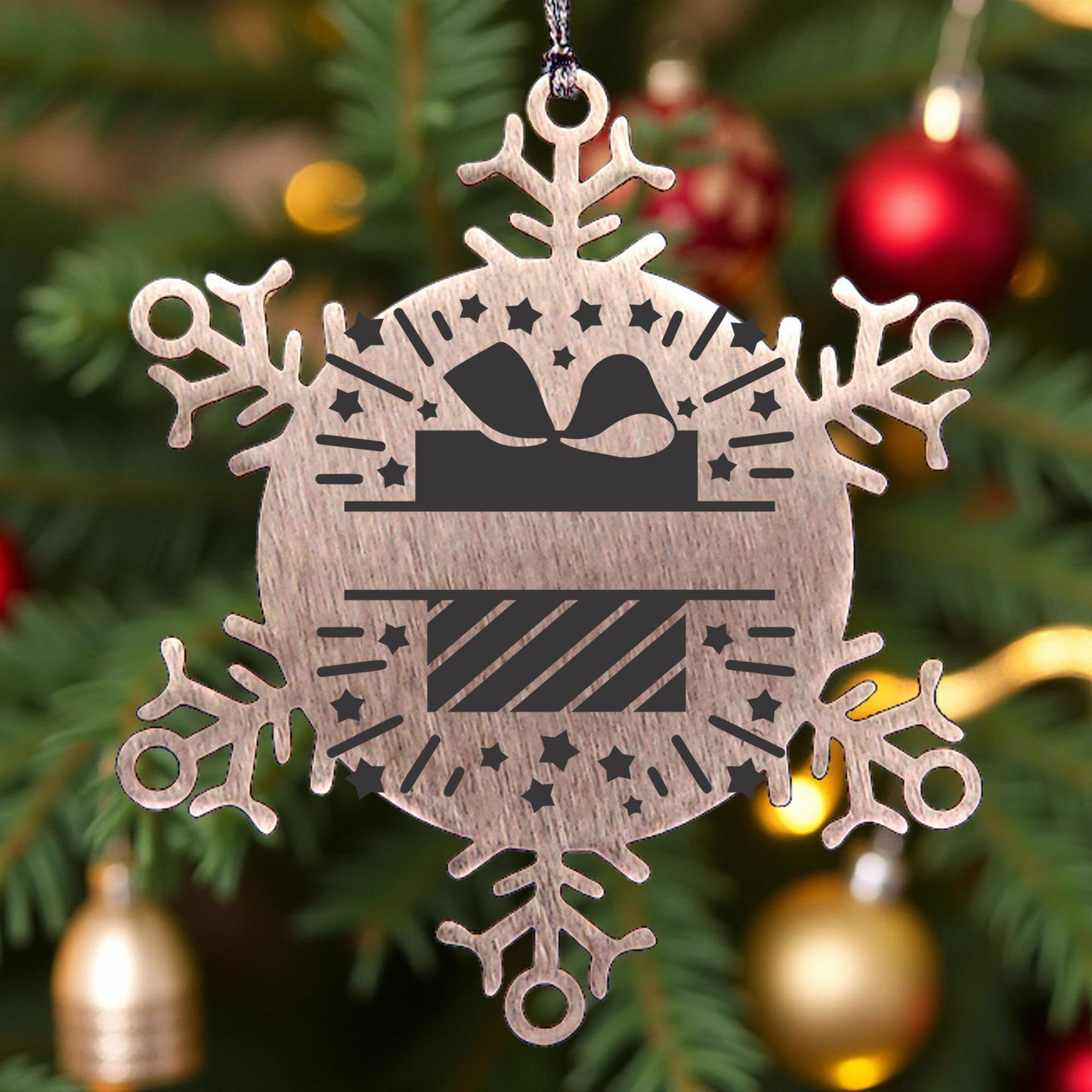 Personalized Family Name Present Laser Engraved Stainless Steel Snowflake Tree Ornament - Mallard Moon