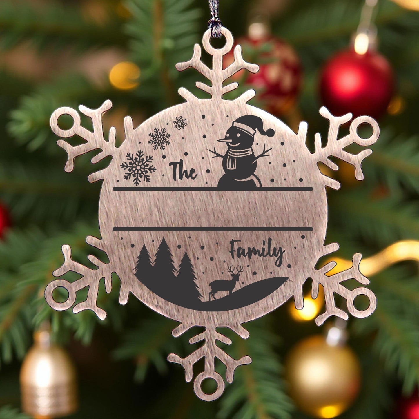 Personalized Snowman Snowflake Christmas Tree Ornament Family Name Laser Engraved Stainless Steel - Mallard Moon