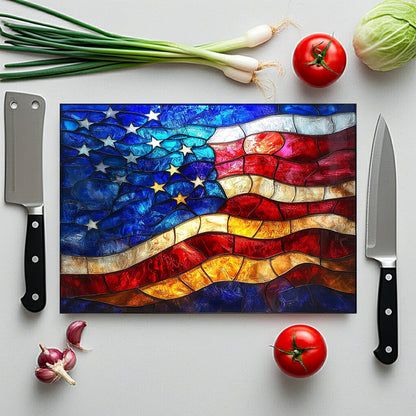 American Flag Glass Cutting Board — Stained-Glass Patriotic Kitchen Decor