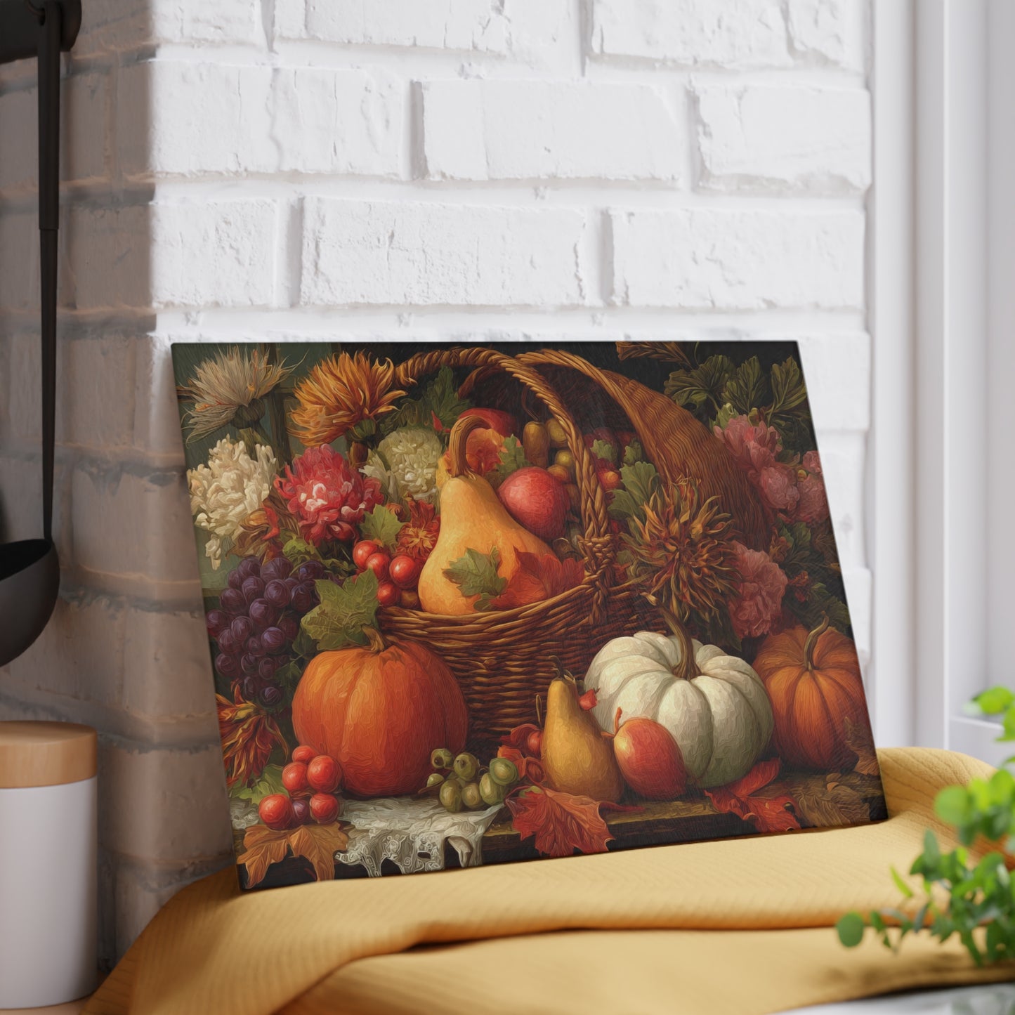 Autumn Harvest Glass Cutting Board — Thanksgiving Cornucopia Kitchen Decor