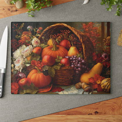 Autumn Harvest Glass Cutting Board — Pumpkin & Fruit Still Life Kitchen Décor