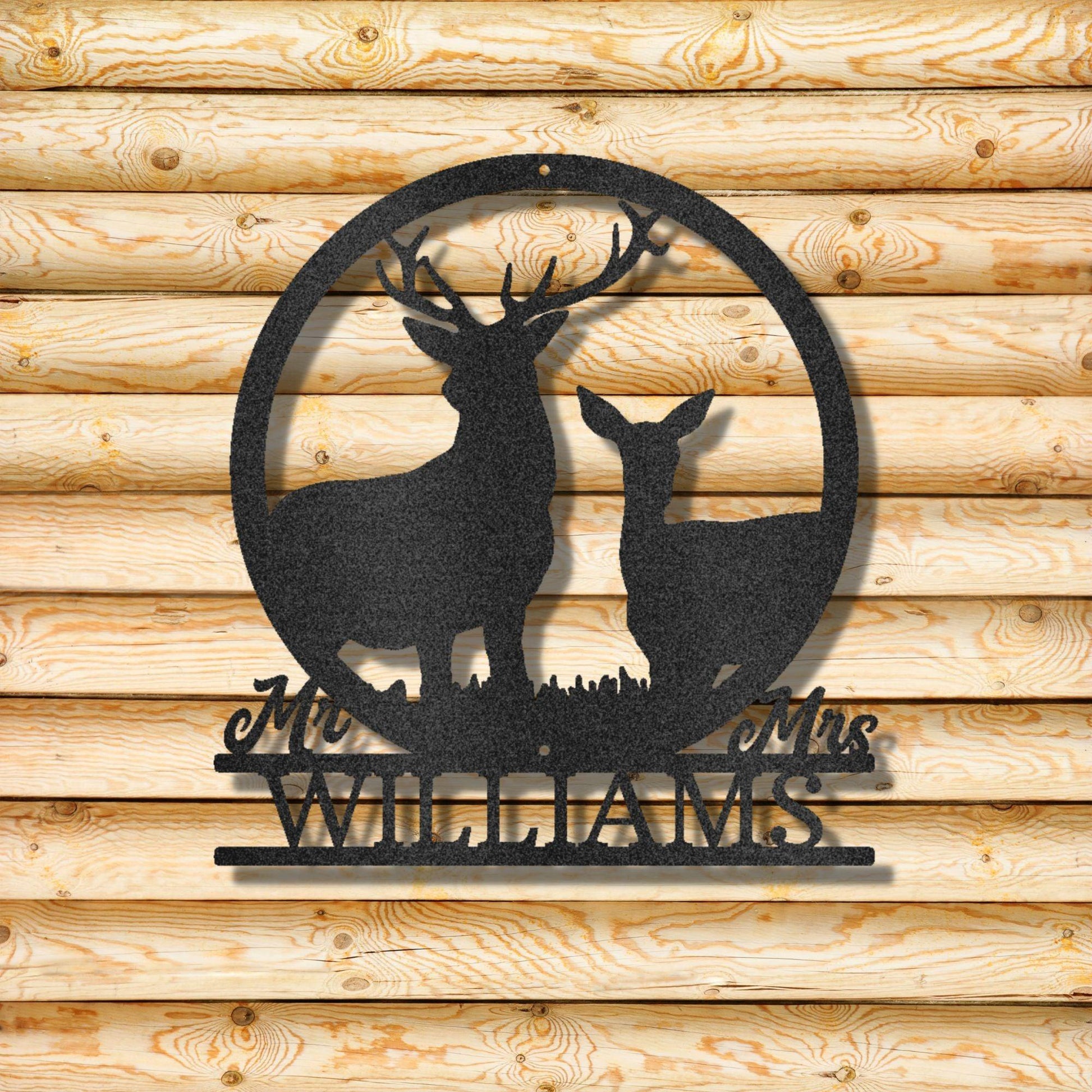 Deer Stag and Doe Mr and Mrs Custom Name Metal Art Wall Sign - Mallard Moon Gift Shop