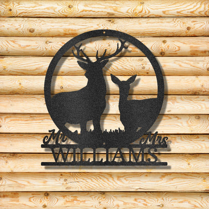 Deer Stag and Doe Mr and Mrs Custom Name Metal Art Wall Sign - Mallard Moon Gift Shop