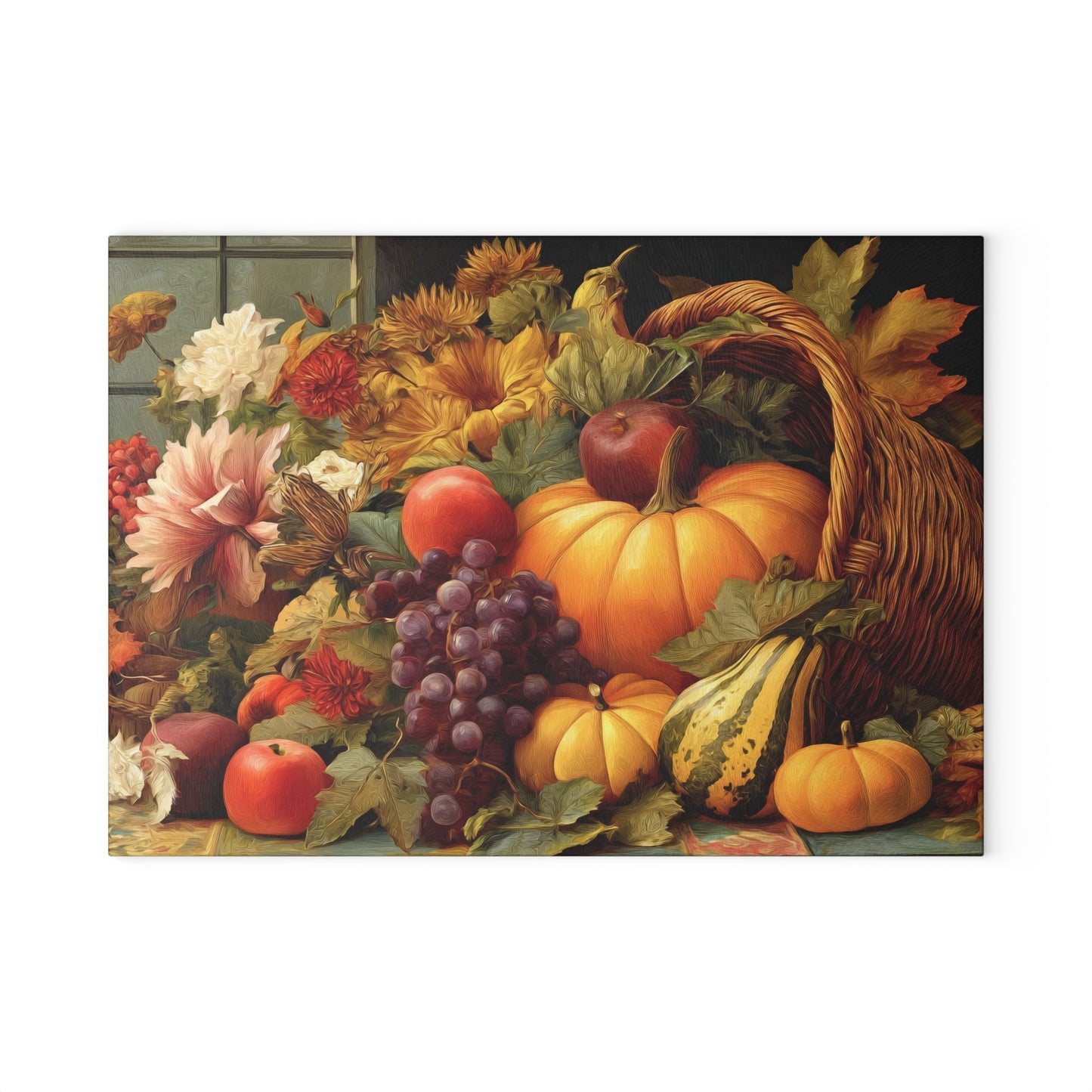 Autumn Harvest Glass Cutting Board — Cornucopia Pumpkins & Fall Fruit Kitchen Decor