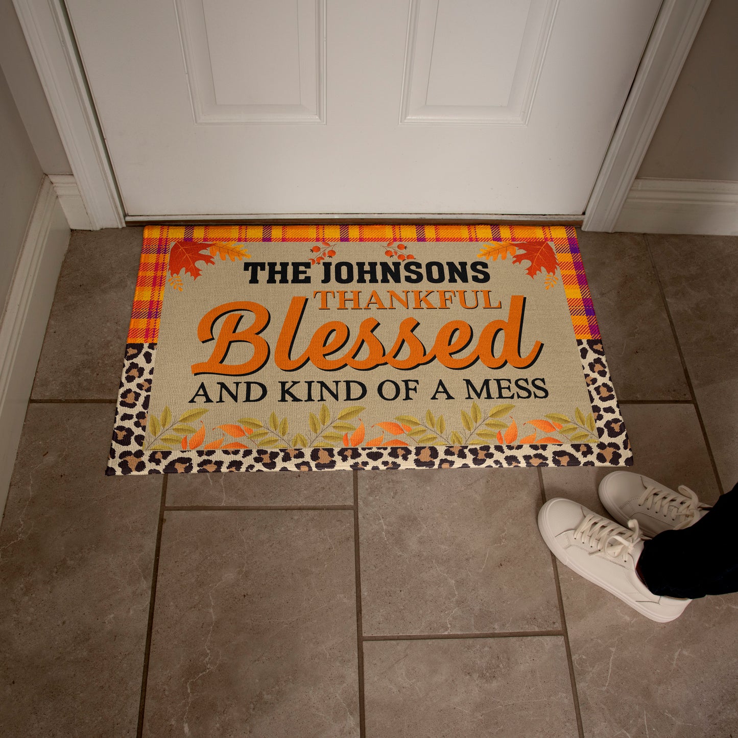 Personalized Thanksgiving Doormat – “Thankful, Blessed, and Kind of a Mess” Custom Family Name Fall Welcome Mat with Plaid and Leopard Print Design