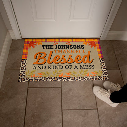 Personalized Thanksgiving Doormat – “Thankful, Blessed, and Kind of a Mess” Custom Family Name Fall Welcome Mat with Plaid and Leopard Print Design