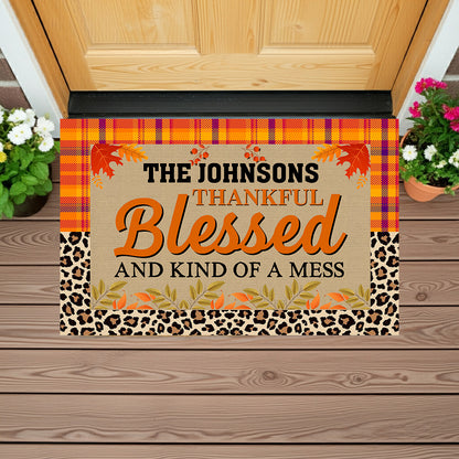 Personalized Thanksgiving Doormat – “Thankful, Blessed, and Kind of a Mess” Custom Family Name Fall Welcome Mat with Plaid and Leopard Print Design