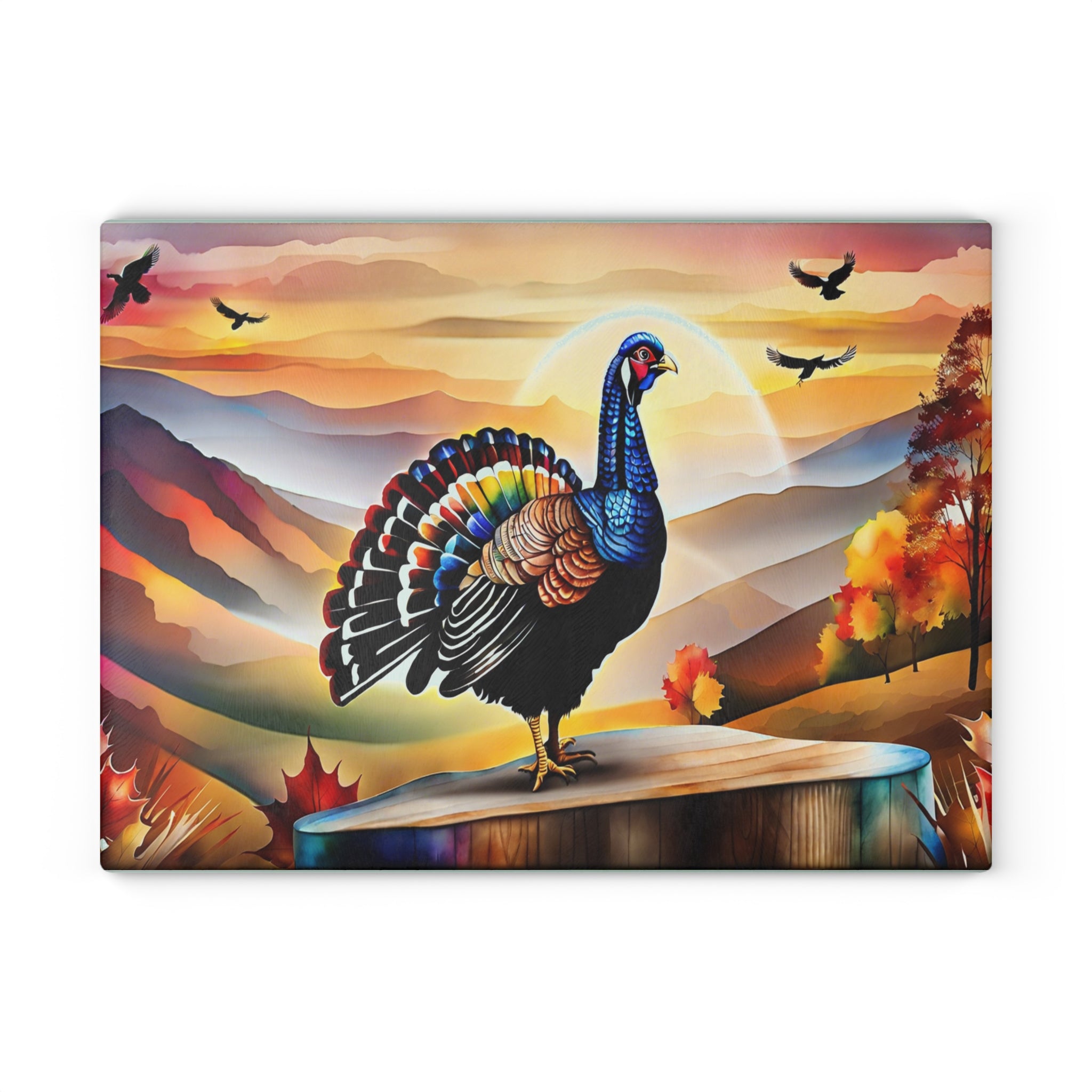 Glass Cutting Board — Colorful Turkey Sunset Kitchen Cutting Board, Autumn Farmhouse Décor