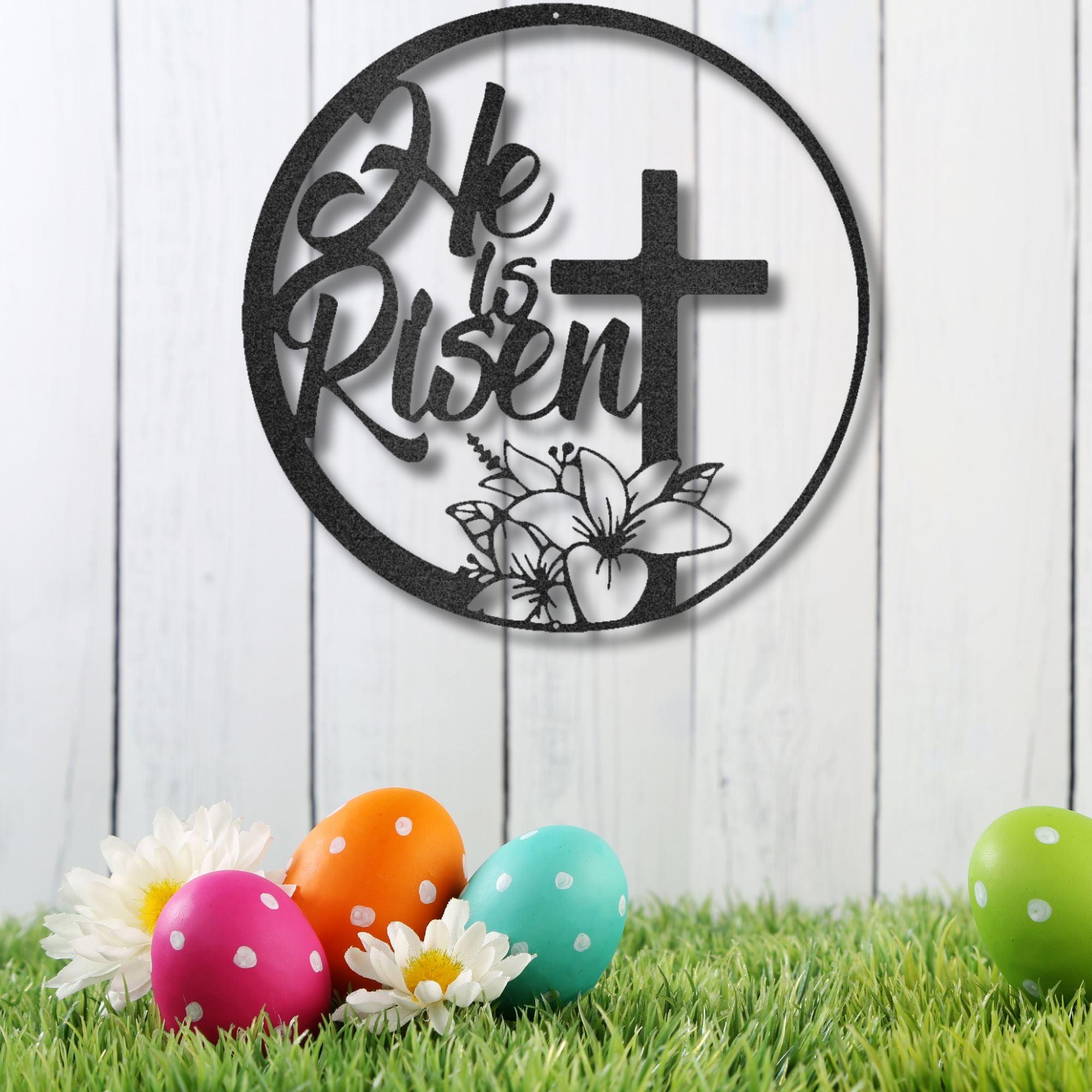 He Is Risen Easter Cross Metal Wall Sign – Christian Home Decor – 5 Sizes & 5 Colors – Religious Spring Decoration – Made in the USA – Easter Faith Gift for Home or Church - Mallard Moon Gift Shop